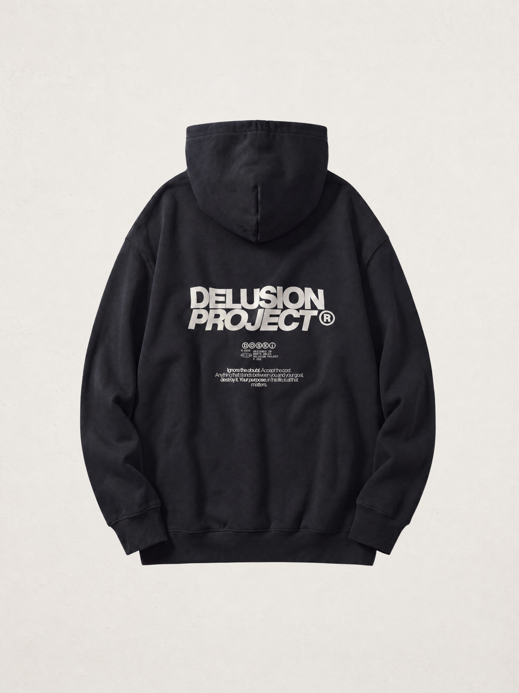 Model: none; Shot: flat lay; Colour: Black; Head direction: not applicable; Garment: heavyweight hoodie; View: back; Collection: The Delusion Project.

