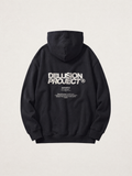 Model: none; Shot: flat lay; Colour: Black; Head direction: not applicable; Garment: heavyweight hoodie; View: back; Collection: The Delusion Project.

