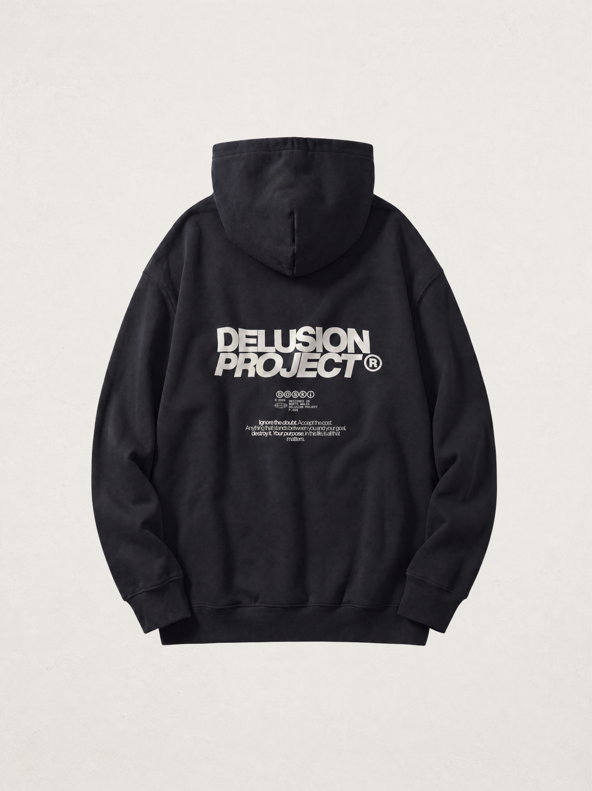 Model: none; Shot: flat lay; Colour: Black; Head direction: not applicable; Garment: heavyweight hoodie; View: back; Collection: The Delusion Project.

