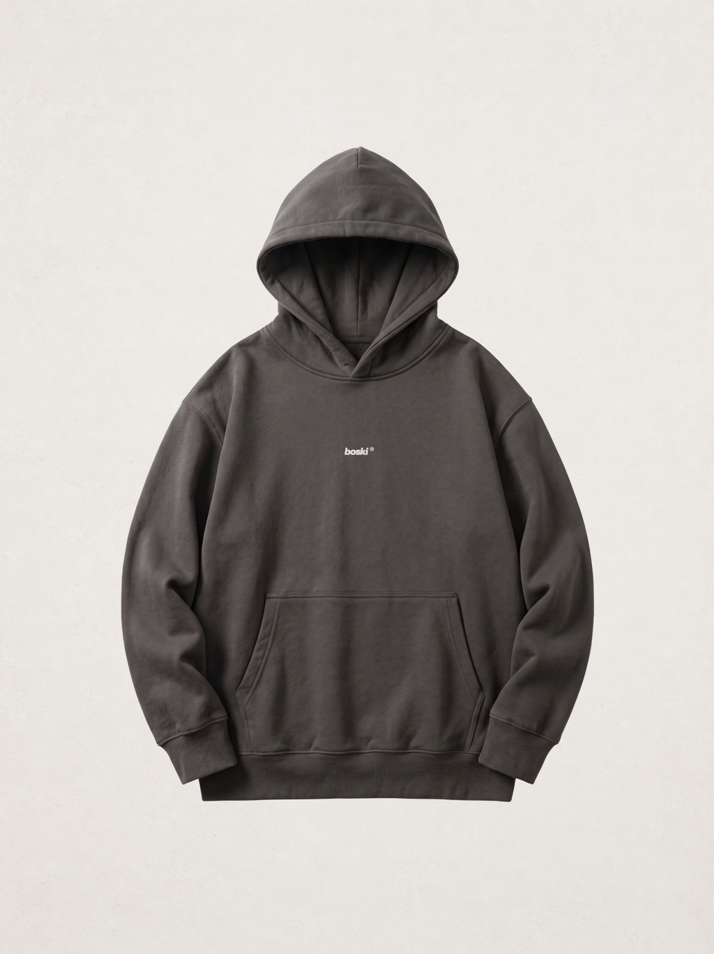 Model: none; Shot: flat lay; Colour: Dark Gray; Head direction: not applicable; Garment: heavyweight hoodie; View: front; Collection: The Delusion Project.

