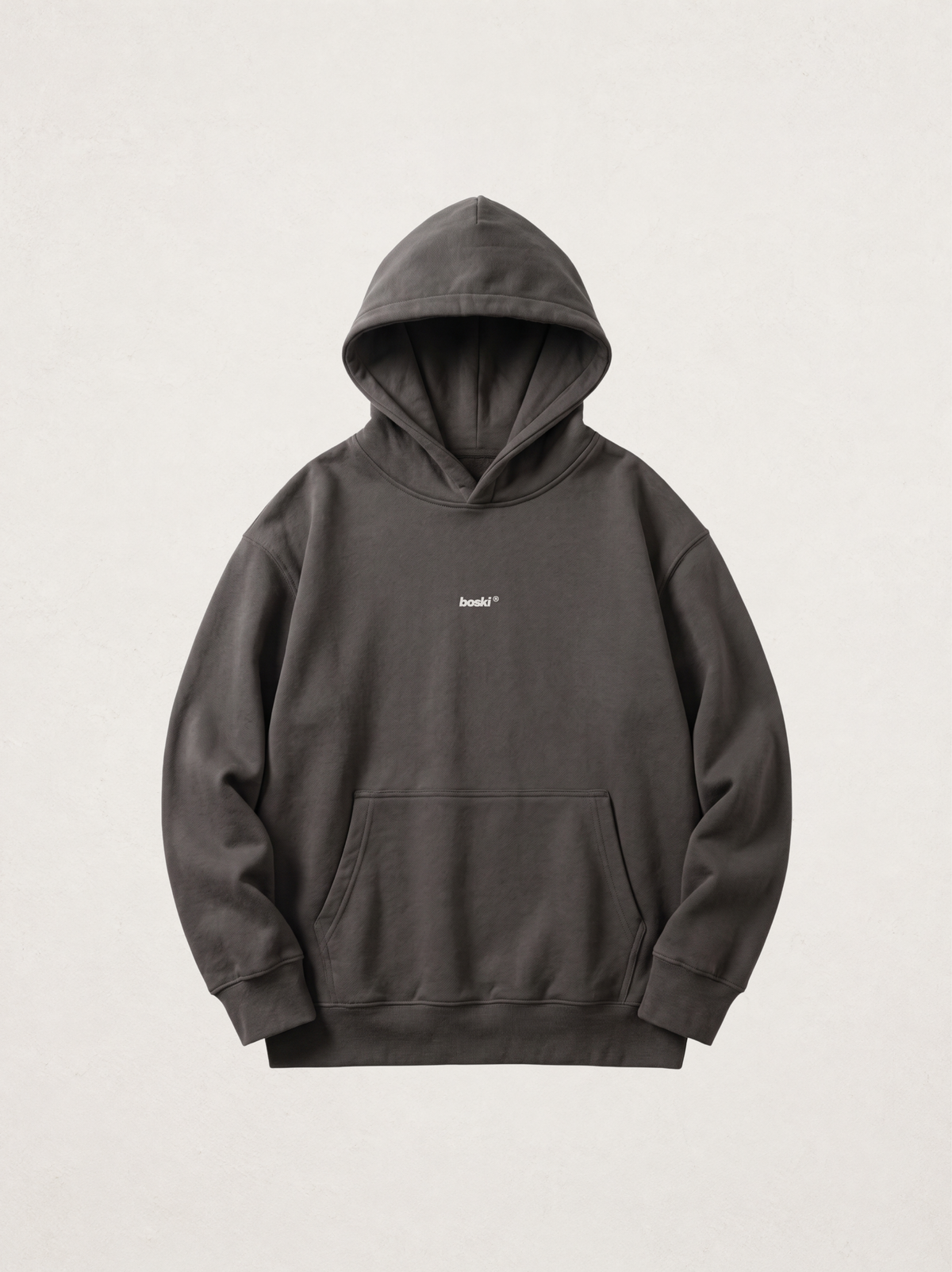 Model: none; Shot: flat lay; Colour: Dark Gray; Head direction: not applicable; Garment: heavyweight hoodie; View: front; Collection: The Delusion Project.

