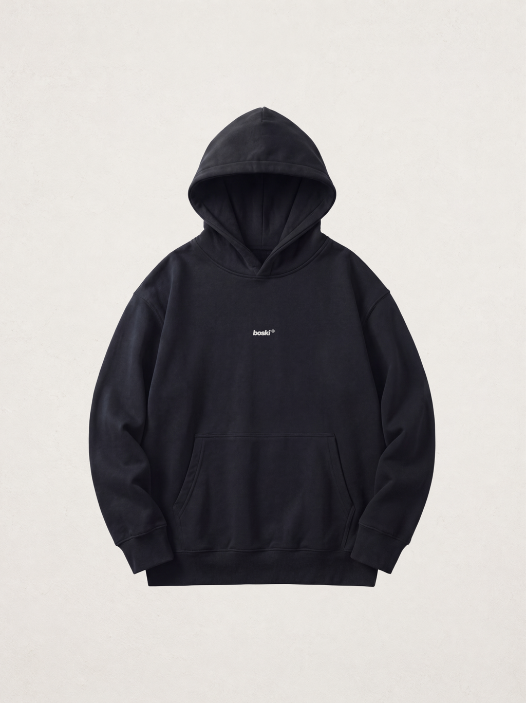 Model: none; Shot: flat lay; Colour: Black; Head direction: not applicable; Garment: heavyweight hoodie; View: front; Collection: The Delusion Project.

