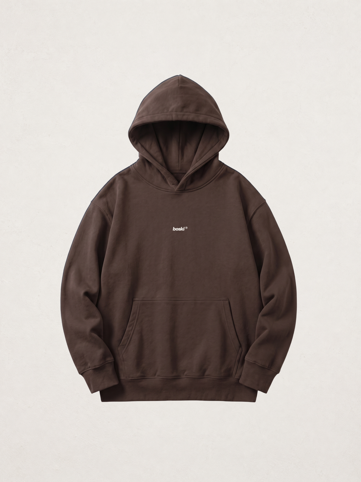 Model: none; Shot: flat lay; Colour: Coffee; Head direction: not applicable; Garment: heavyweight hoodie; View: front; Collection: The Delusion Project.

